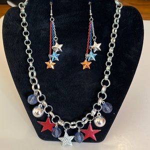 Silver toned, patriotic necklace and earrings, necklace 18”, earrings 3”
